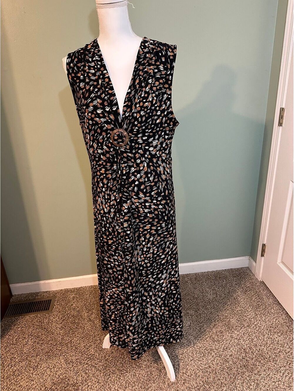 Anne Klein Sleeveless Black & Brown Abstract print Midi sheath dress Size Large